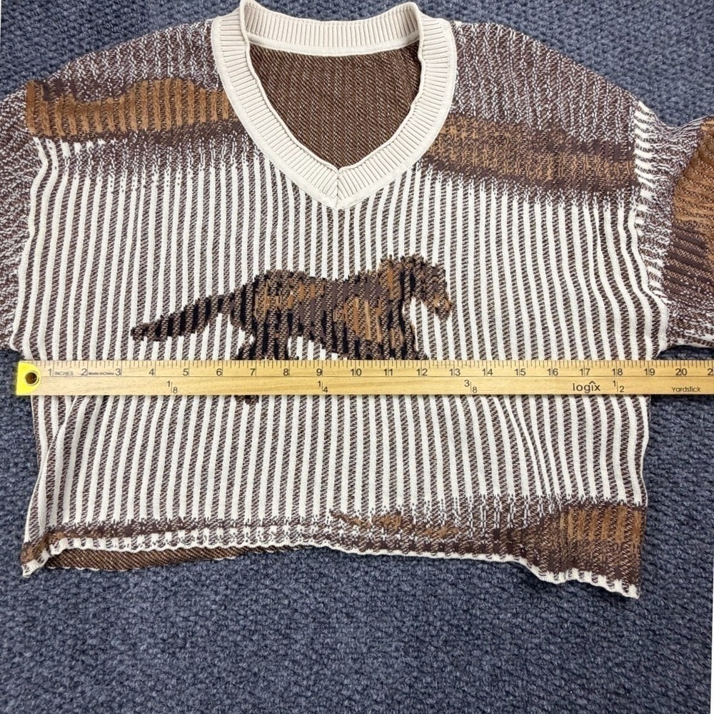 Cider Womens M Brown Horse Print Cropped V-Neck Knit Sweater Preppy Equestrian - Picture 8 of 10
